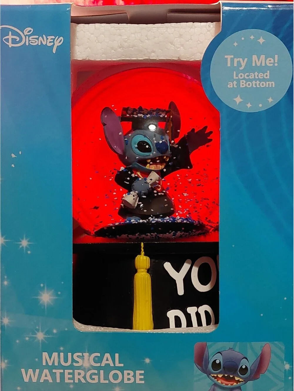 Disney STITCH in Cap & Gown Graduation Musical WATER GLOBE w/ confetti NEWinBox!